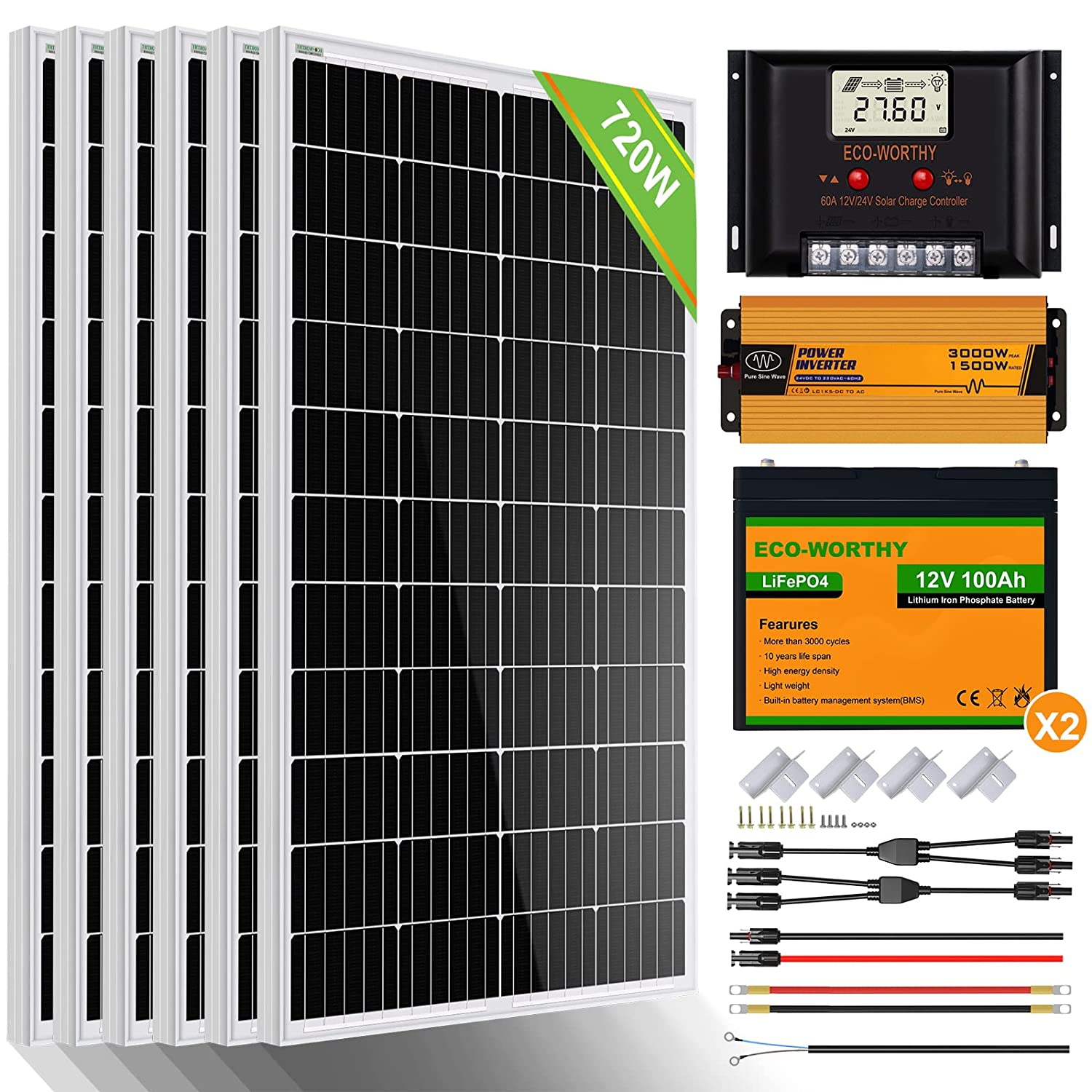 ECO-WORTHY 720W 24V 3kWh Kit Panel Solar con Batería