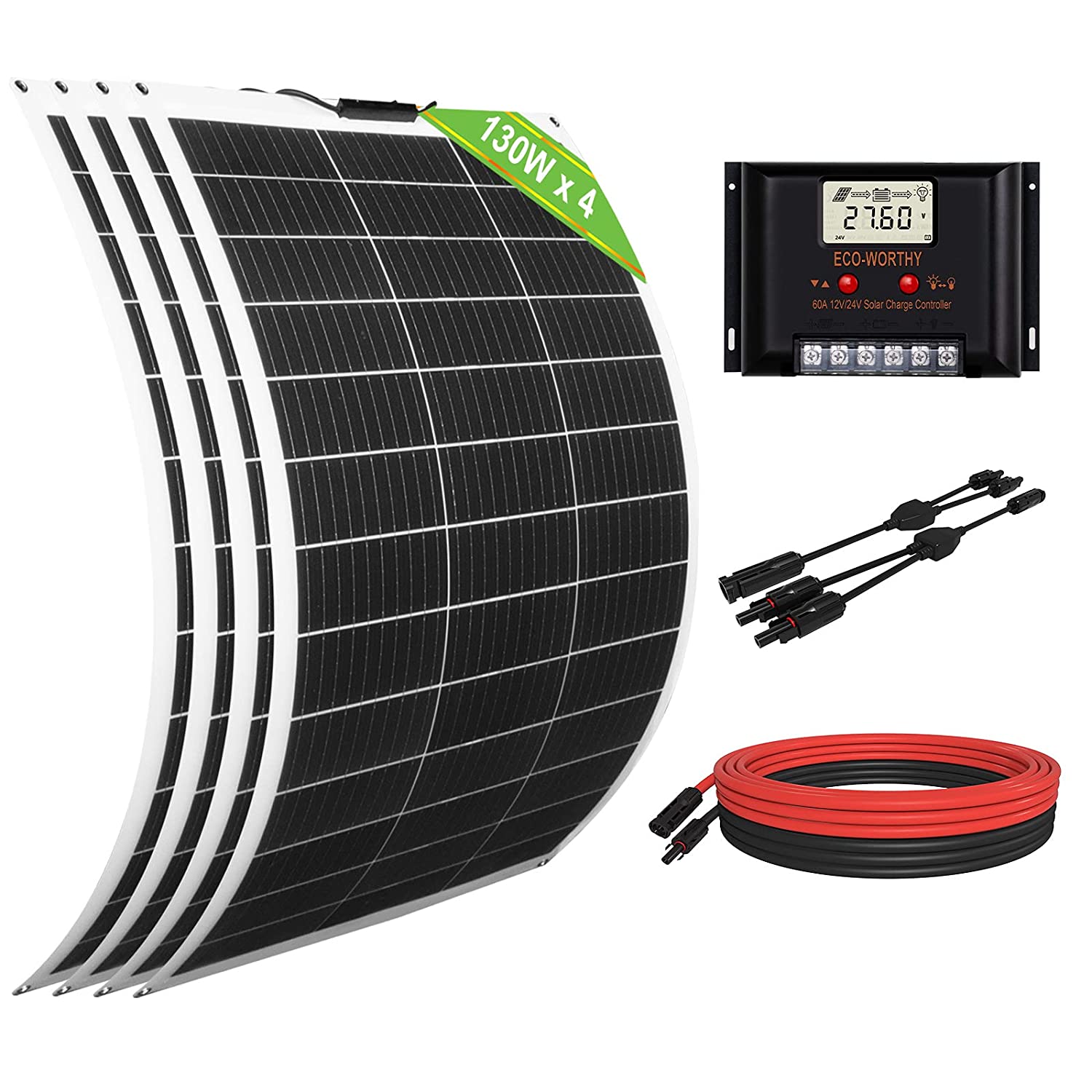 ECO-WORTHY Kit de panel solar flexible de 520 W, 24 V, con red independiente: 4 paneles solares de 130 W